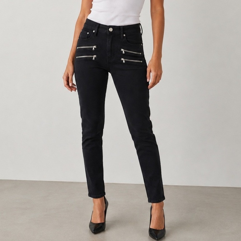 PAIGE‎ Edgemont Skinny Jeans 28 Black Moto Double Zip Detail Edgy Streetwear
